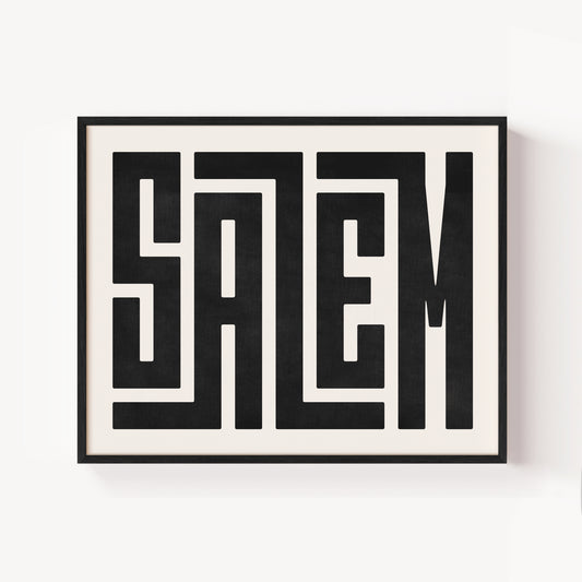 Modern Framed Salem Art - Black Typography Design on White Background
