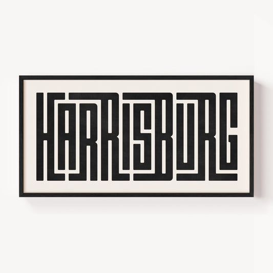 Modern Framed Harrisburg Art - Black Typography Design on White Background