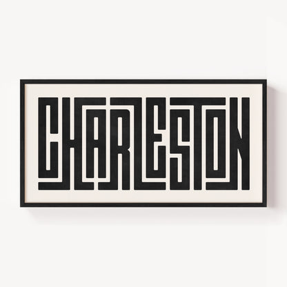 Modern Framed Charleston Art - Black Typography Design on White Background