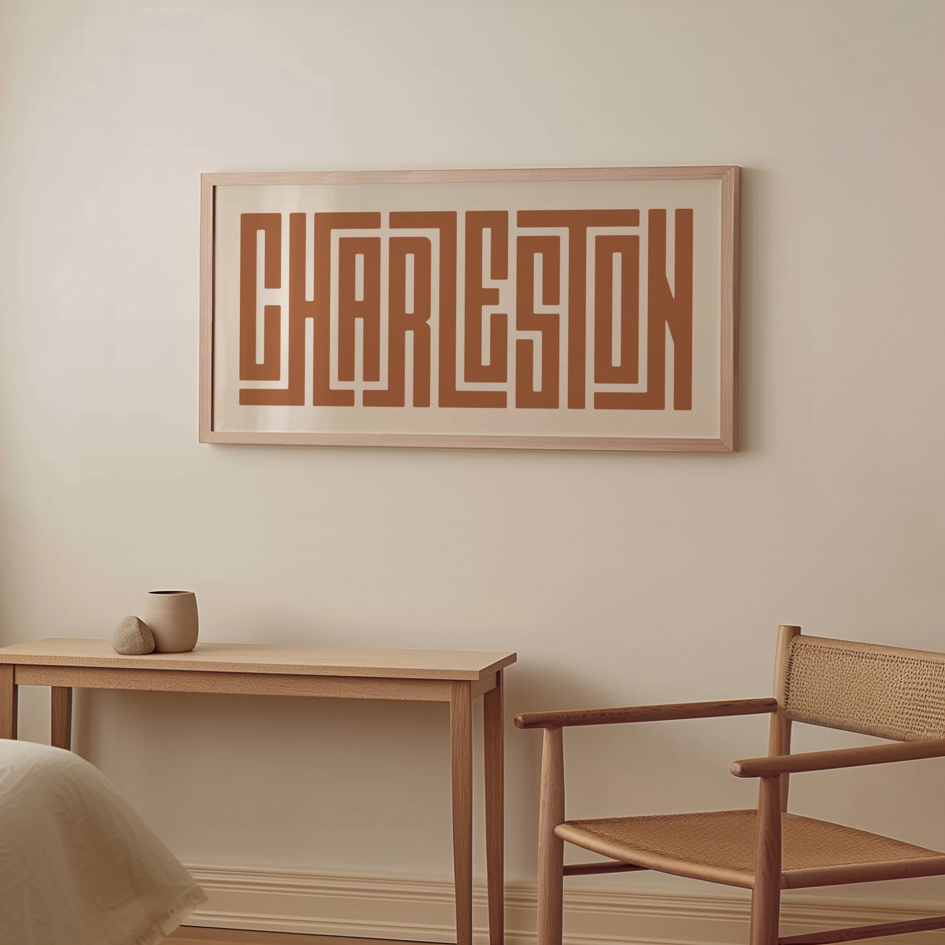 Wood framed minimalist Charleston Wall Decor in Boho style room wtih neutral colors