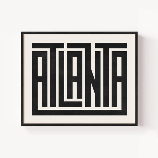 Modern Framed Atlanta Art - Black Typography Design on White Background