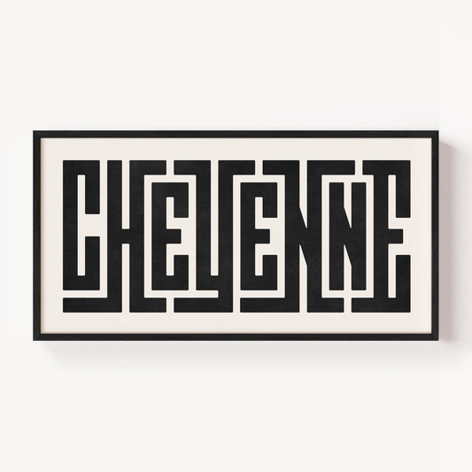 Modern Framed Cheyenne Art - Black Typography Design on White Background