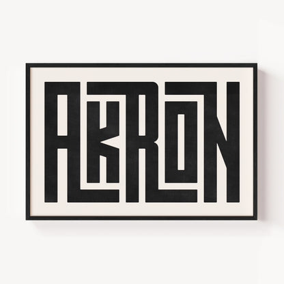 Modern Framed Akron Art - Black Typography Design on White Background