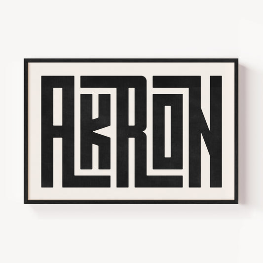 Modern Framed Akron Art - Black Typography Design on White Background