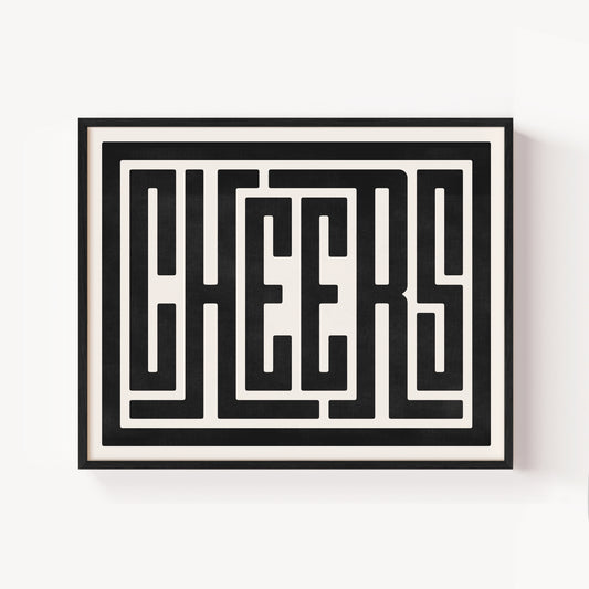 Modern Framed Cheers Art - Black Typography Design on White Background