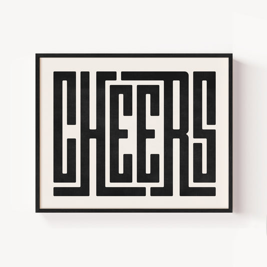 Modern Framed Cheers Art - Black Typography Design on White Background