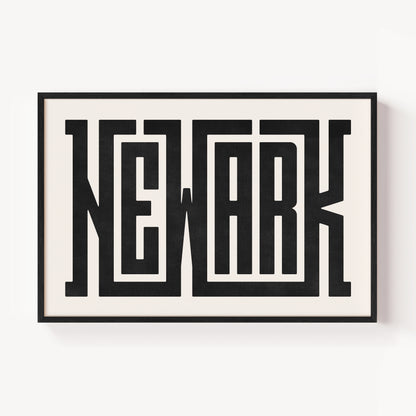 Modern Framed Newark Art - Black Typography Design on White Background