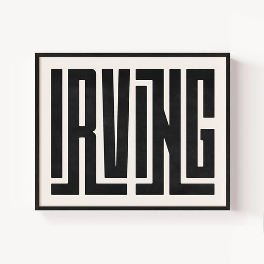 Modern Framed Irving Art - Black Typography Design on White Background