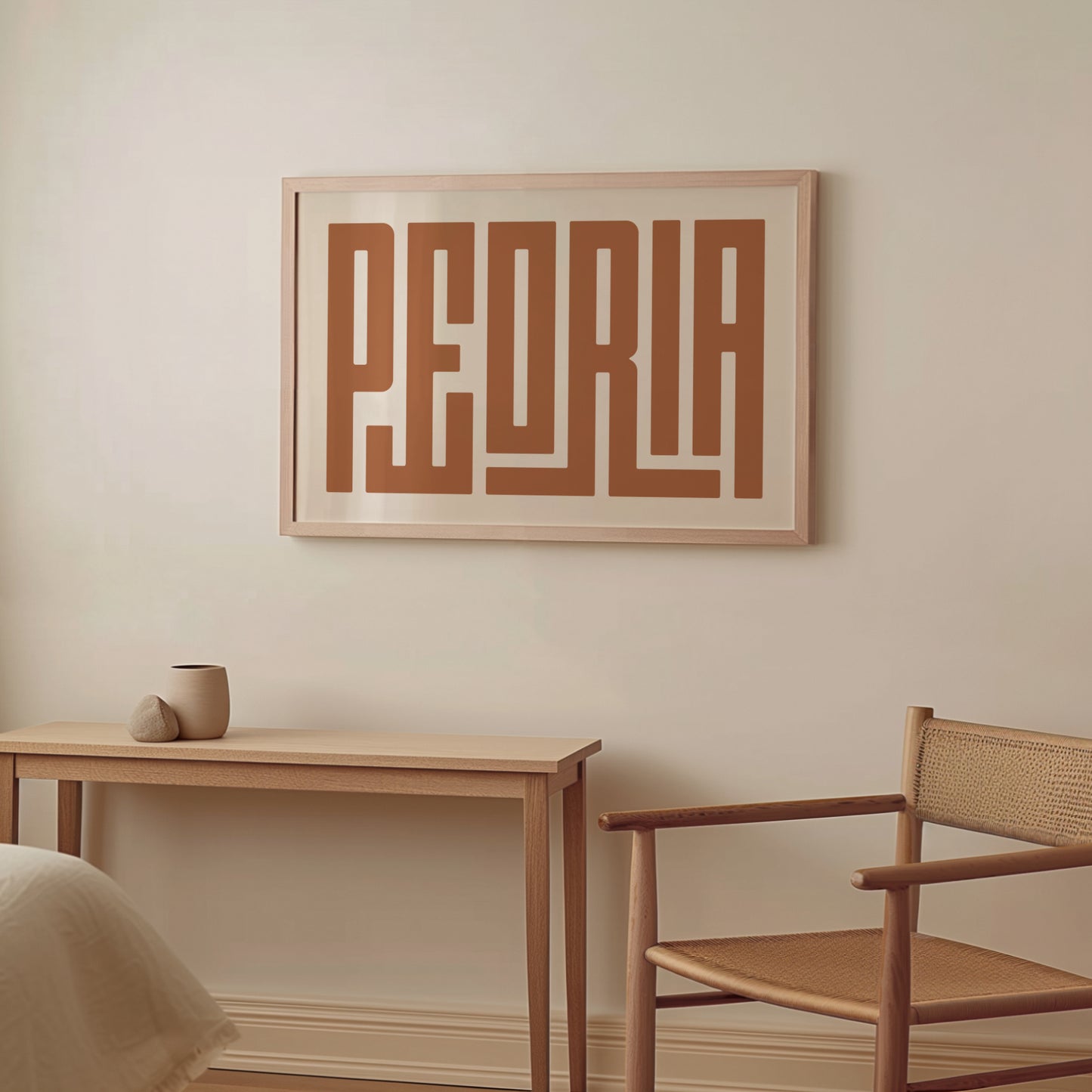 Wood framed minimalist Peoria Wall Decor in Boho style room wtih neutral colors