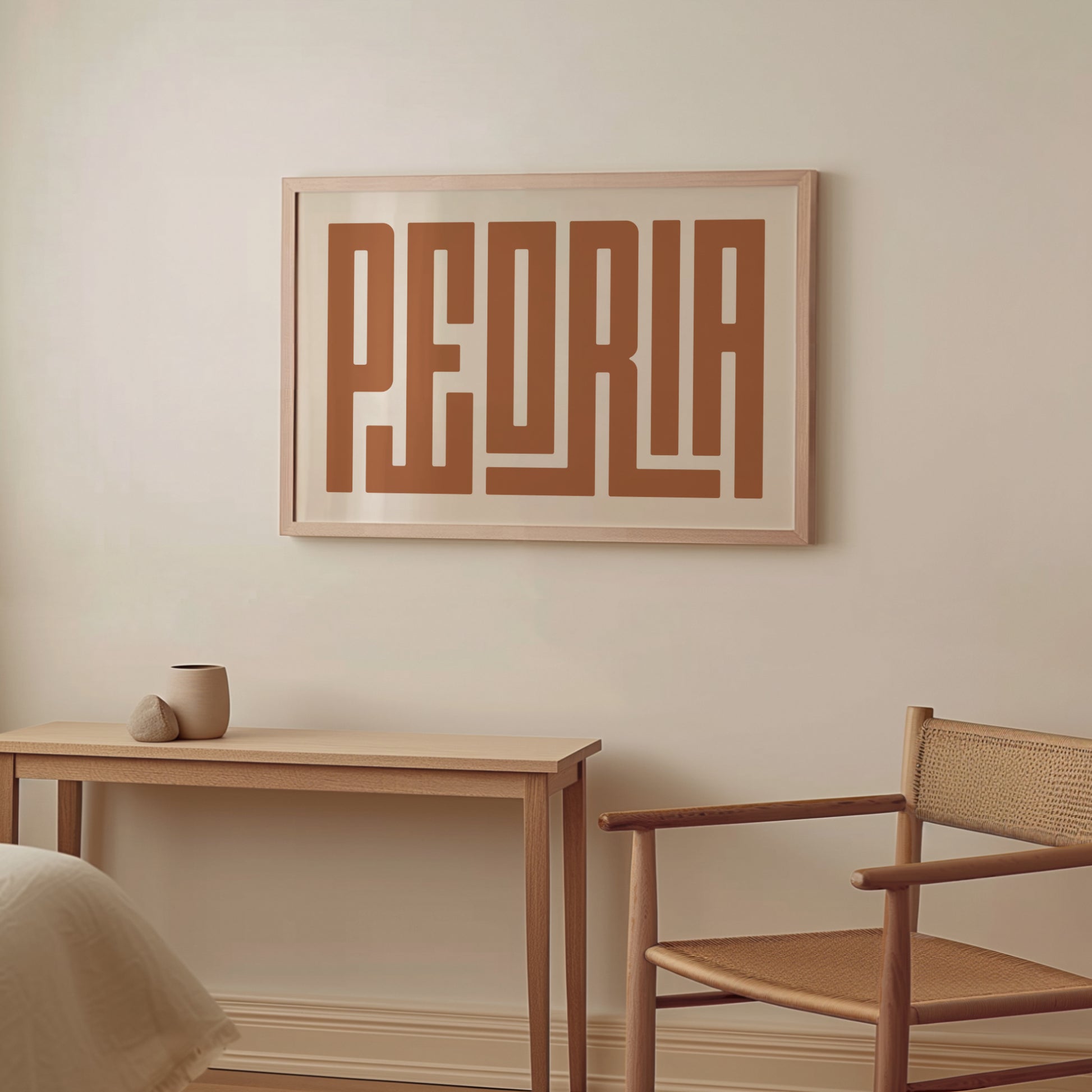 Wood framed minimalist Peoria Wall Decor in Boho style room wtih neutral colors