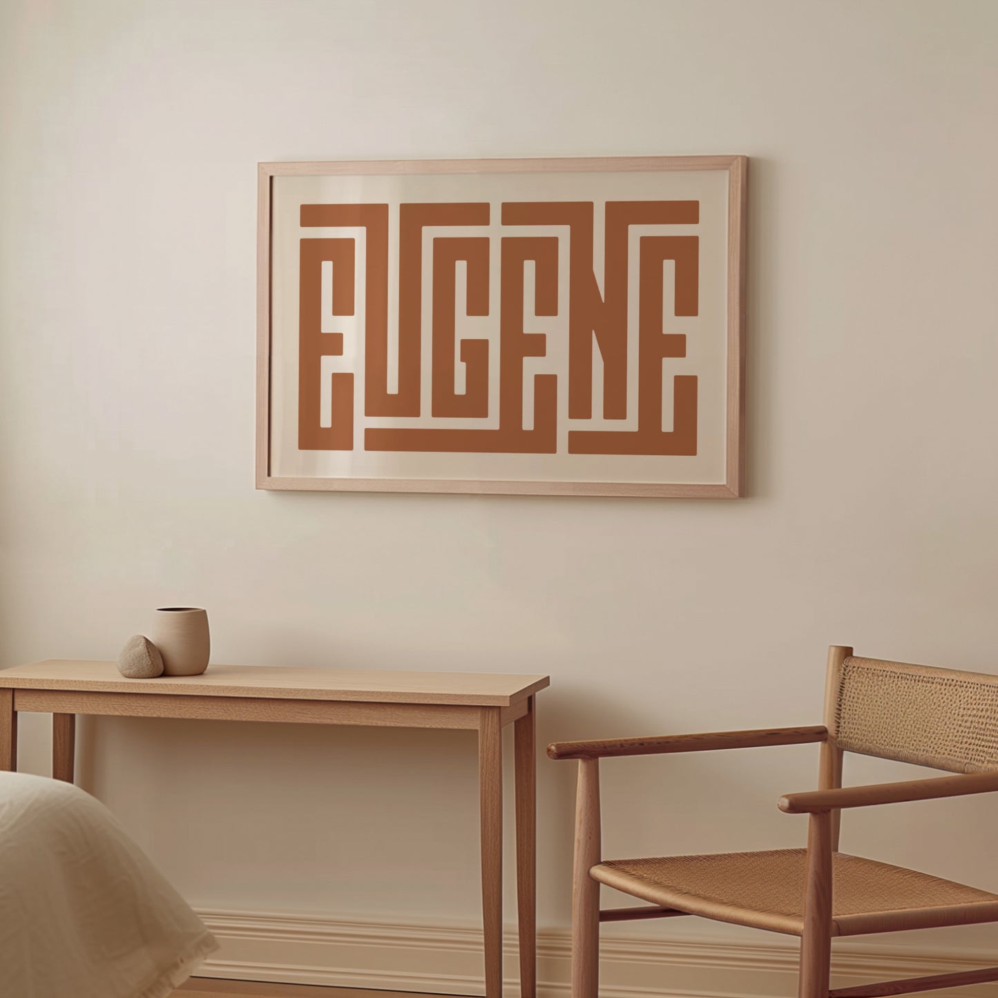 Wood framed minimalist Eugene Wall Decor in Boho style room wtih neutral colors