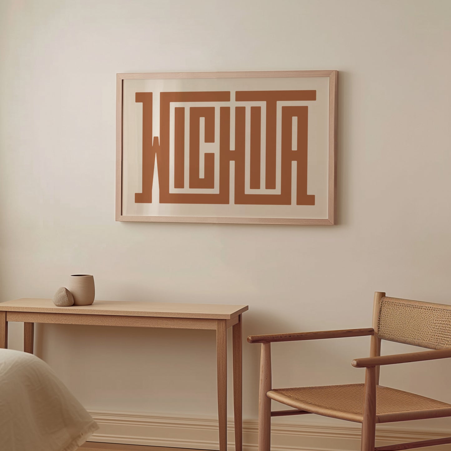 Wood framed minimalist Wichita Wall Decor in Boho style room wtih neutral colors