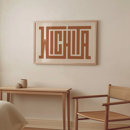 Wood framed minimalist Wichita Wall Decor in Boho style room wtih neutral colors