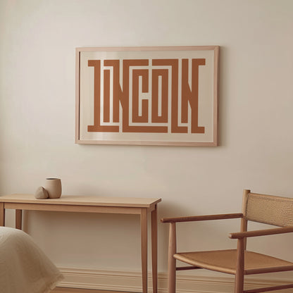 Wood framed minimalist Lincoln Wall Decor in Boho style room wtih neutral colors