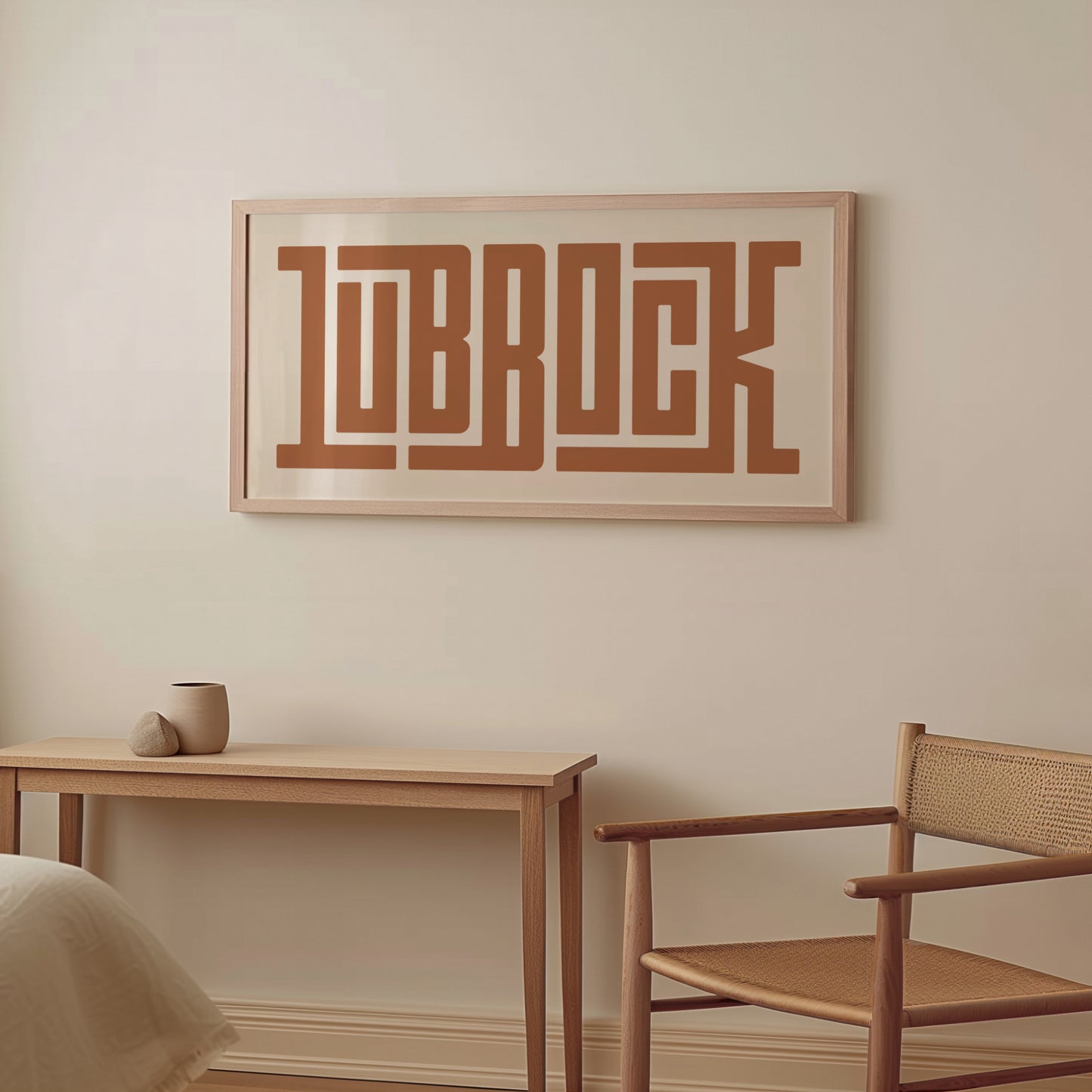 Wood framed minimalist Lubbock Wall Decor in Boho style room wtih neutral colors