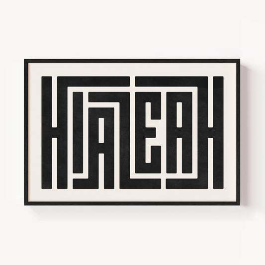 Modern Framed Hialeah Art - Black Typography Design on White Background