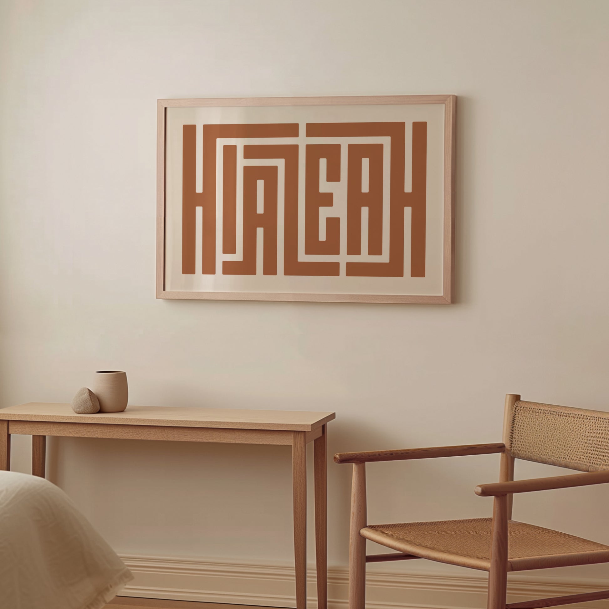 Wood framed minimalist Hialeah Wall Decor in Boho style room wtih neutral colors