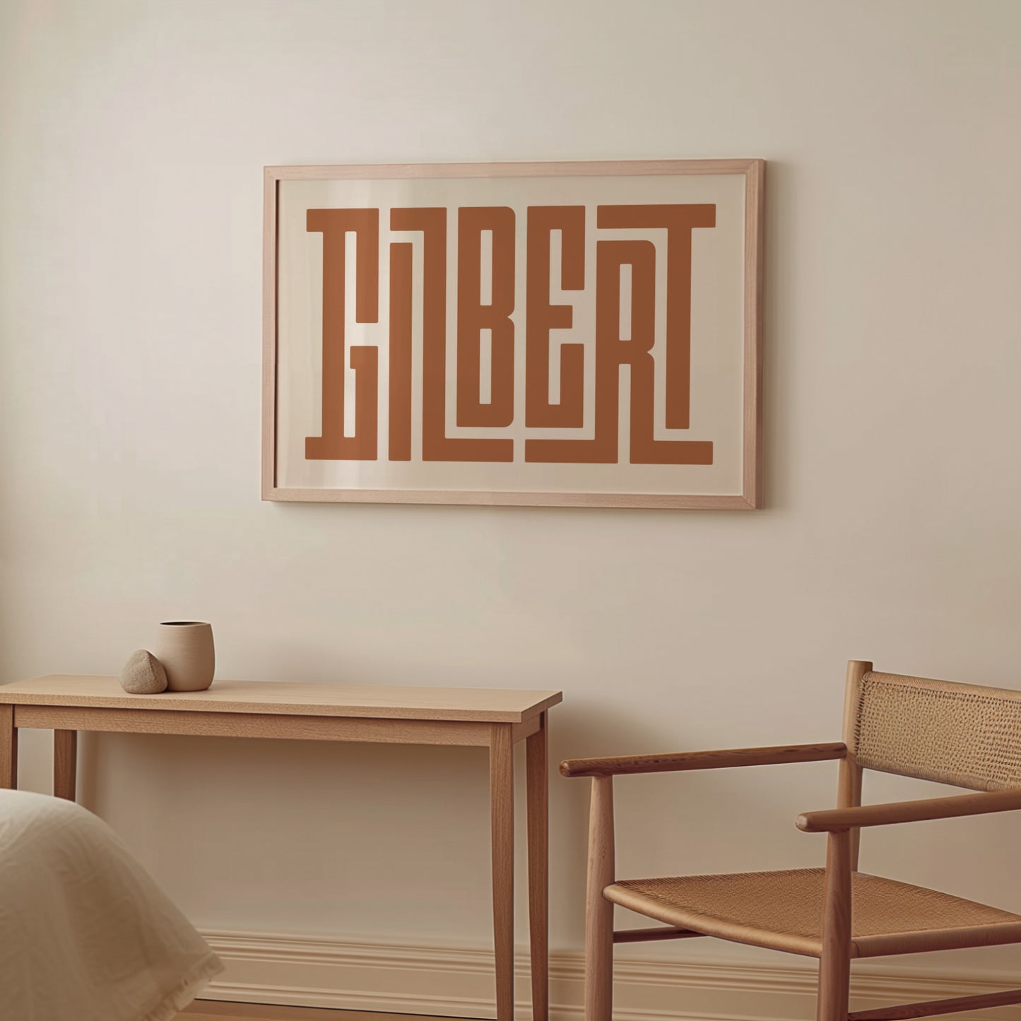 Wood framed minimalist Gilbert Wall Decor in Boho style room wtih neutral colors