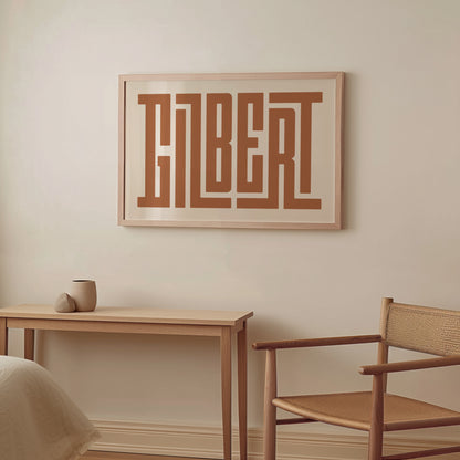 Wood framed minimalist Gilbert Wall Decor in Boho style room wtih neutral colors