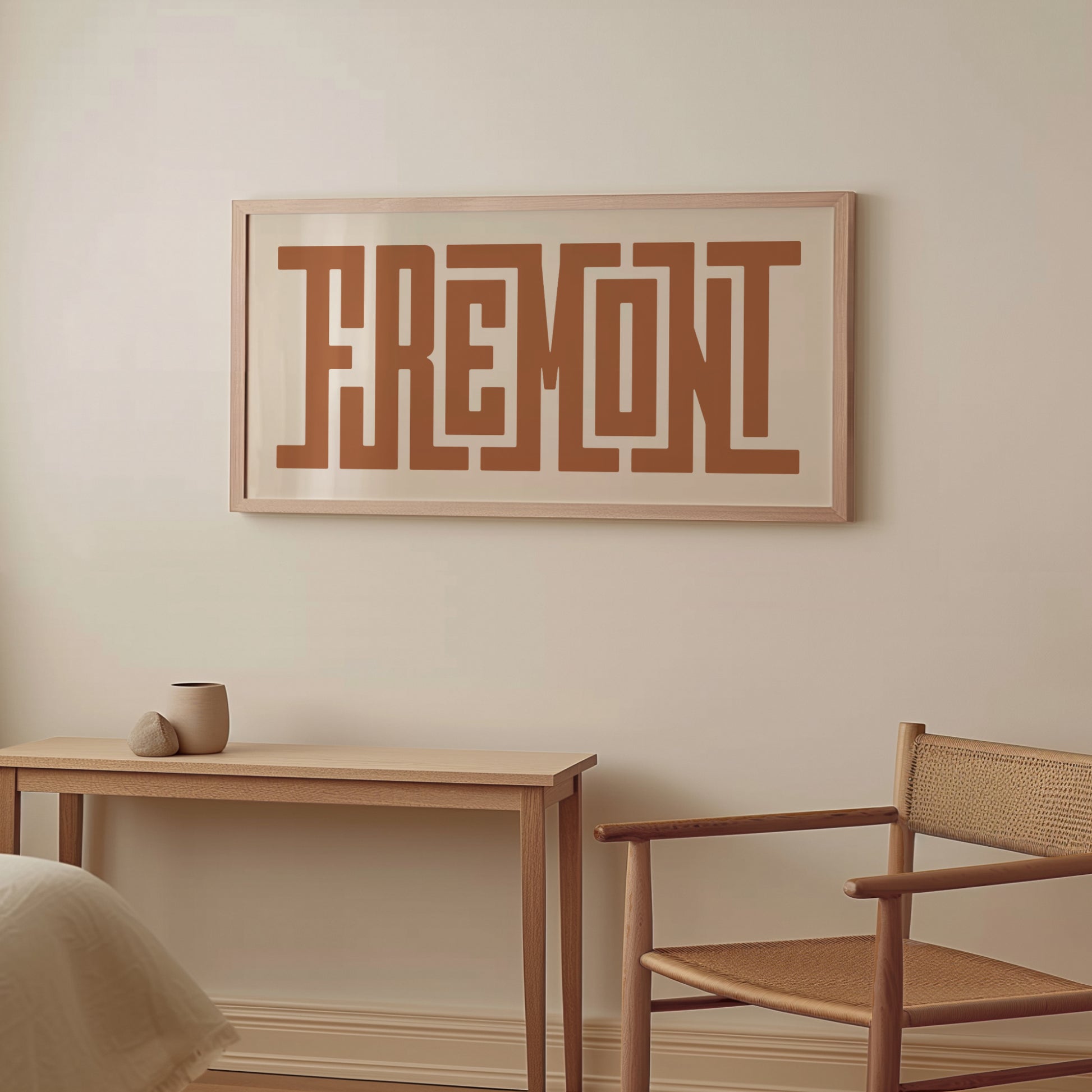 Wood framed minimalist Fremont Wall Decor in Boho style room wtih neutral colors