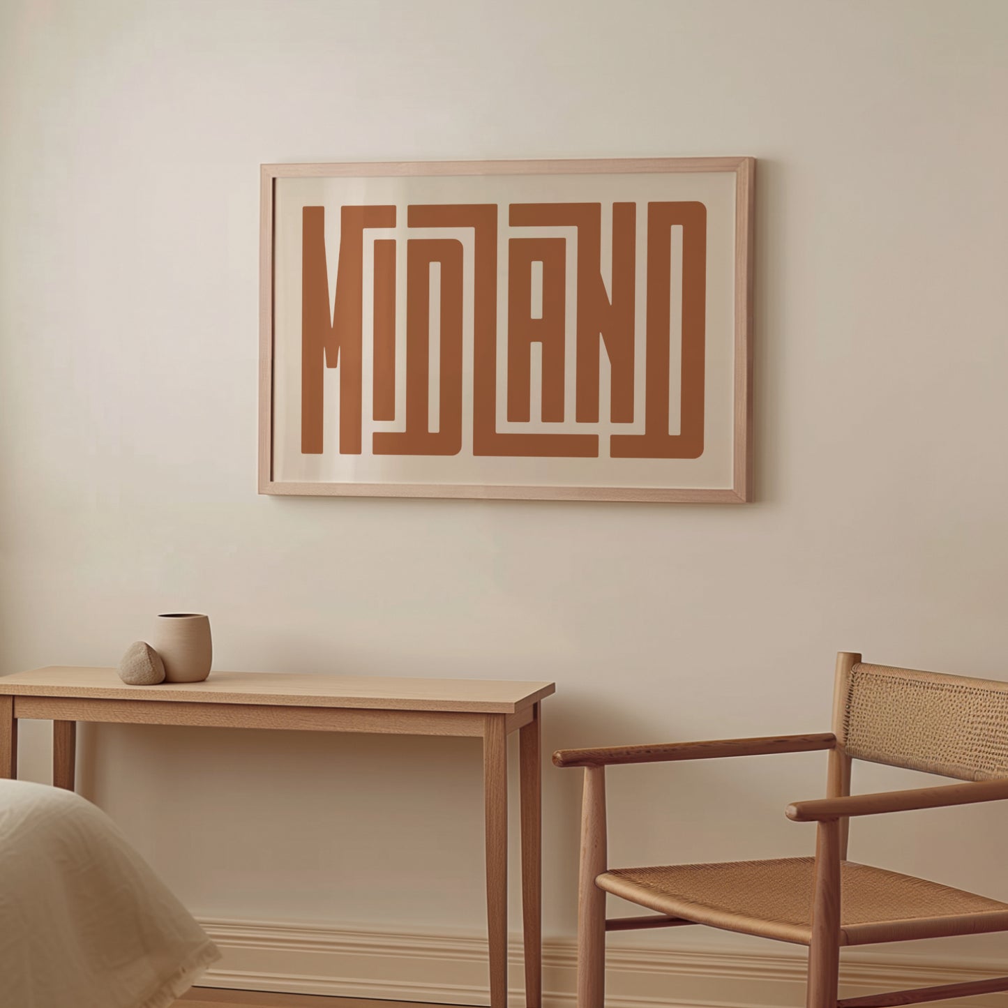 Wood framed minimalist Midland Wall Decor in Boho style room wtih neutral colors