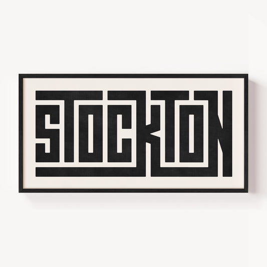 Modern Framed Stockton Art - Black Typography Design on White Background
