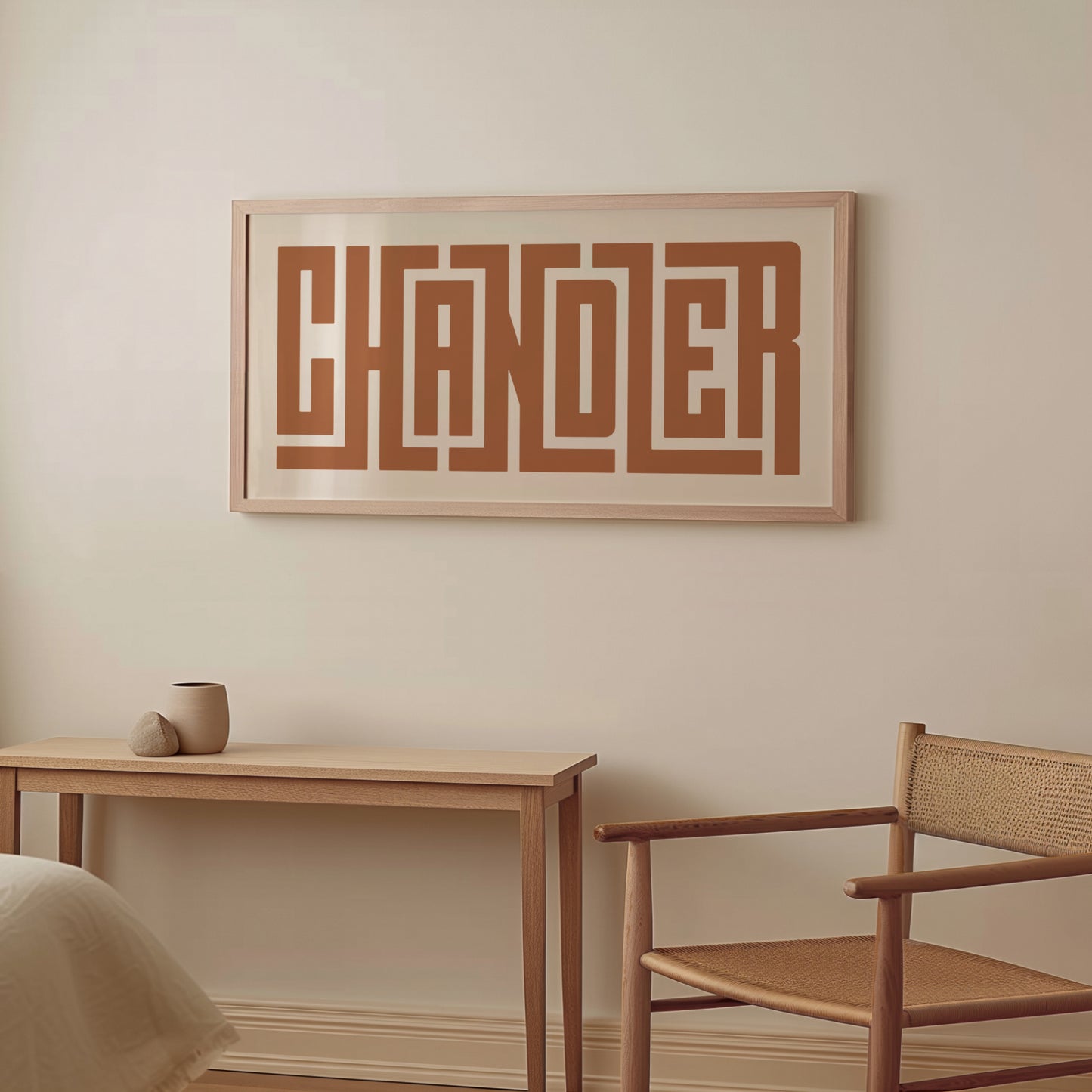 Wood framed minimalist Chandler Wall Decor in Boho style room wtih neutral colors