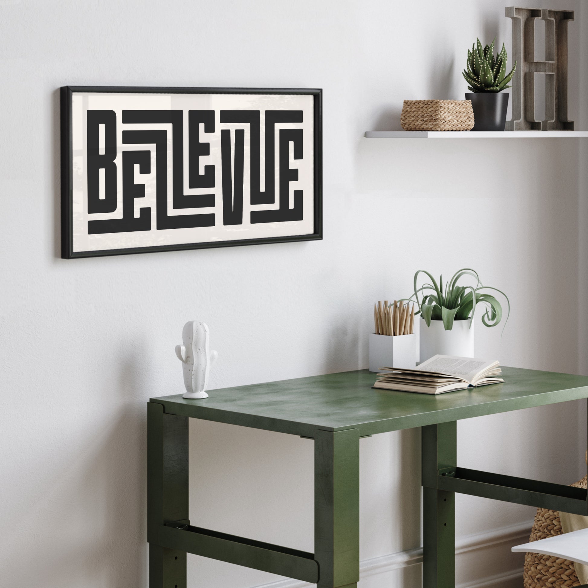 Framed Black Bellevue Art Print in Dorm Room