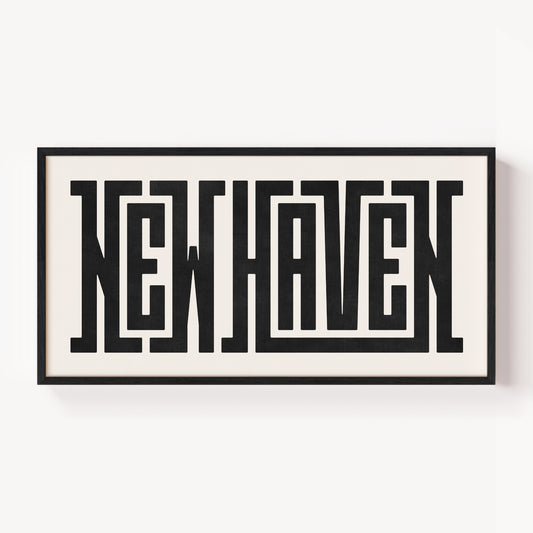 Modern Framed New Haven Art - Black Typography Design on White Background