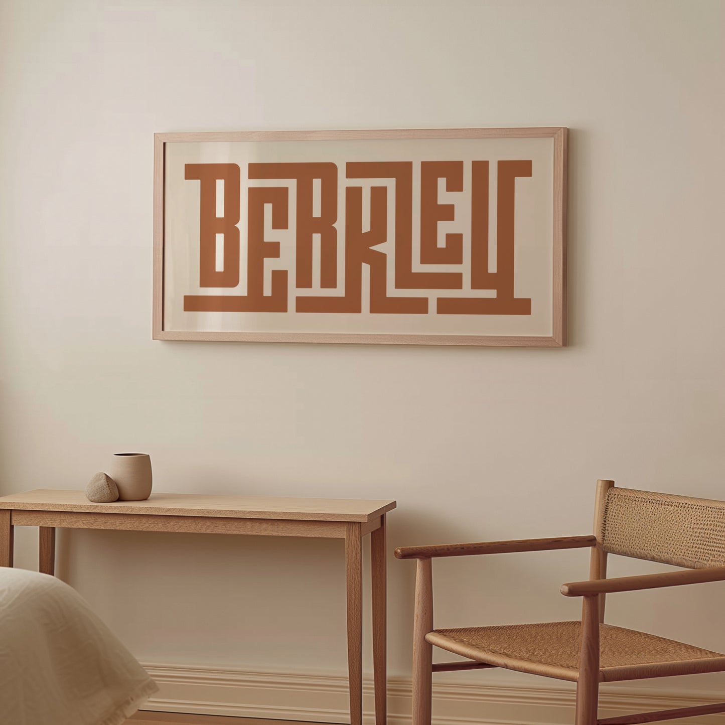 Wood framed minimalist Berkeley Wall Decor in Boho style room wtih neutral colors