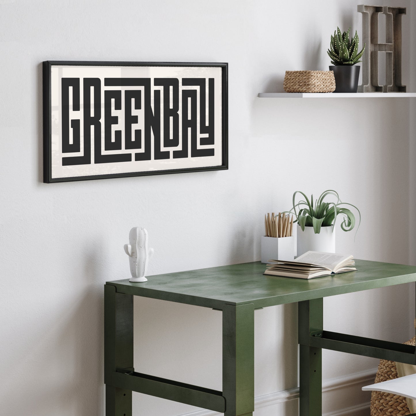 Framed Black Green Bay Art Print in Dorm Room