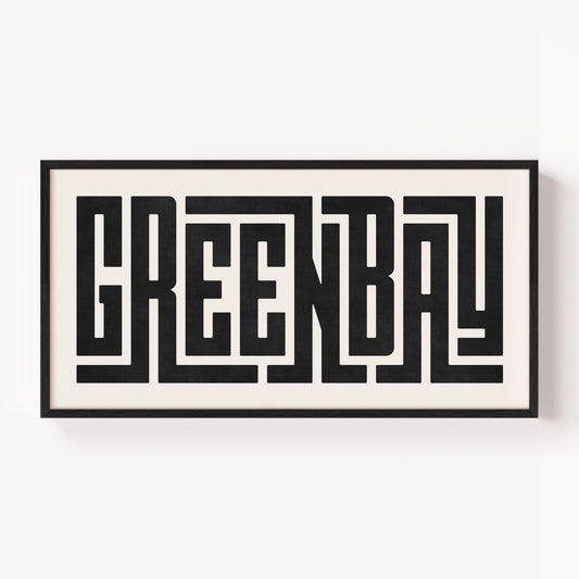 Modern Framed Green Bay Art - Black Typography Design on White Background