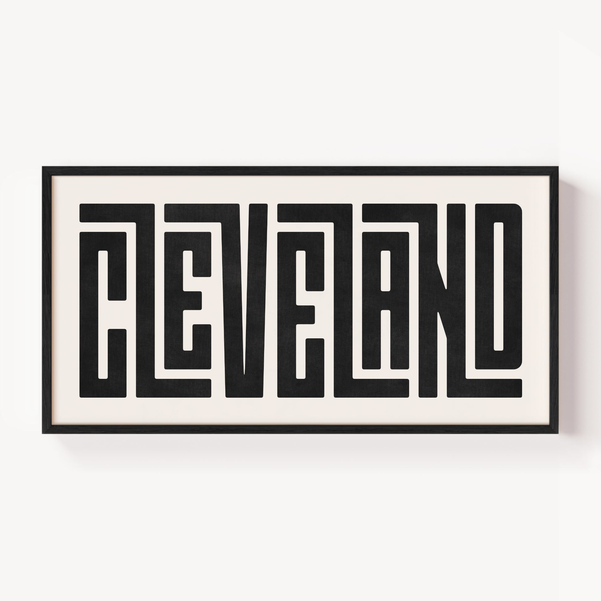 Modern Framed Cleveland Art - Black Typography Design on White Background