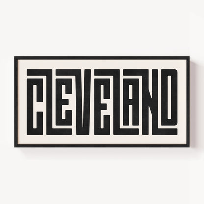 Modern Framed Cleveland Art - Black Typography Design on White Background