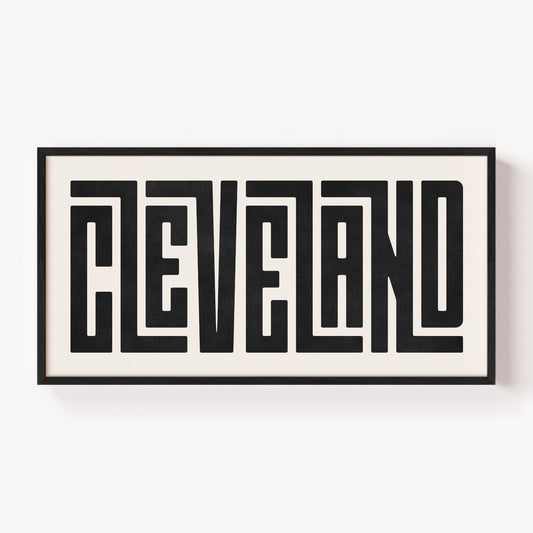 Modern Framed Cleveland Art - Black Typography Design on White Background