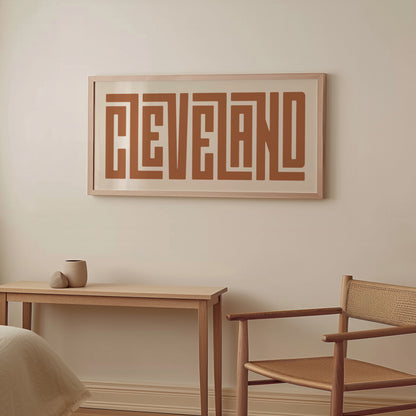 Wood framed minimalist Cleveland Wall Decor in Boho style room wtih neutral colors