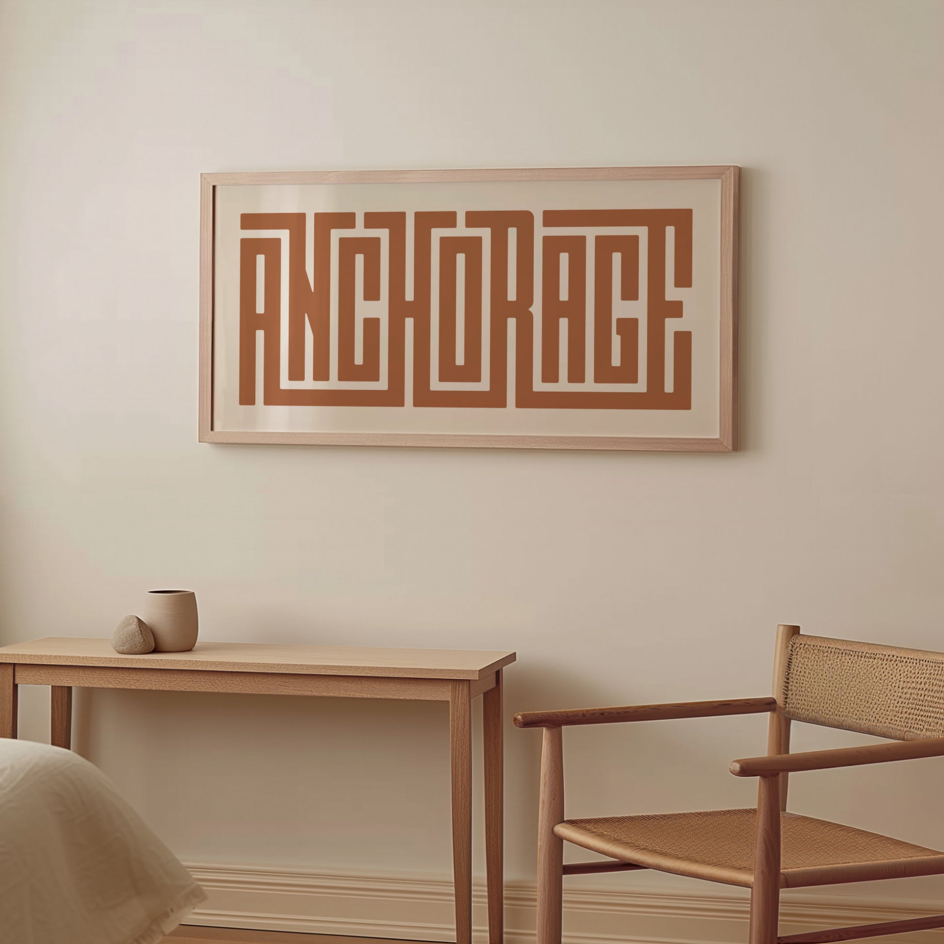 Wood framed minimalist Anchorage Wall Decor in Boho style room wtih neutral colors