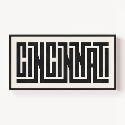 Modern Framed Cincinnati Art - Black Typography Design on White Background