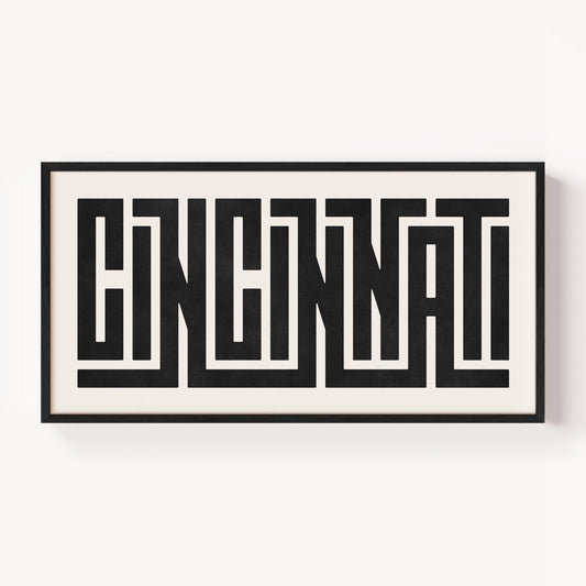 Modern Framed Cincinnati Art - Black Typography Design on White Background