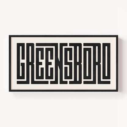 Modern Framed Greensboro Art - Black Typography Design on White Background