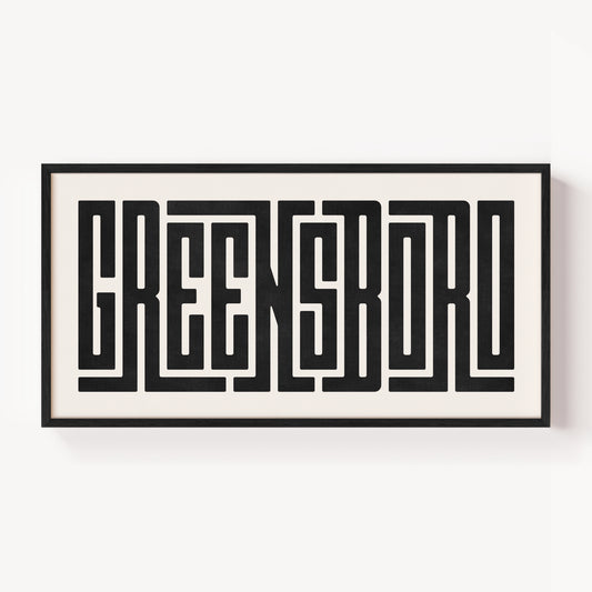 Modern Framed Greensboro Art - Black Typography Design on White Background