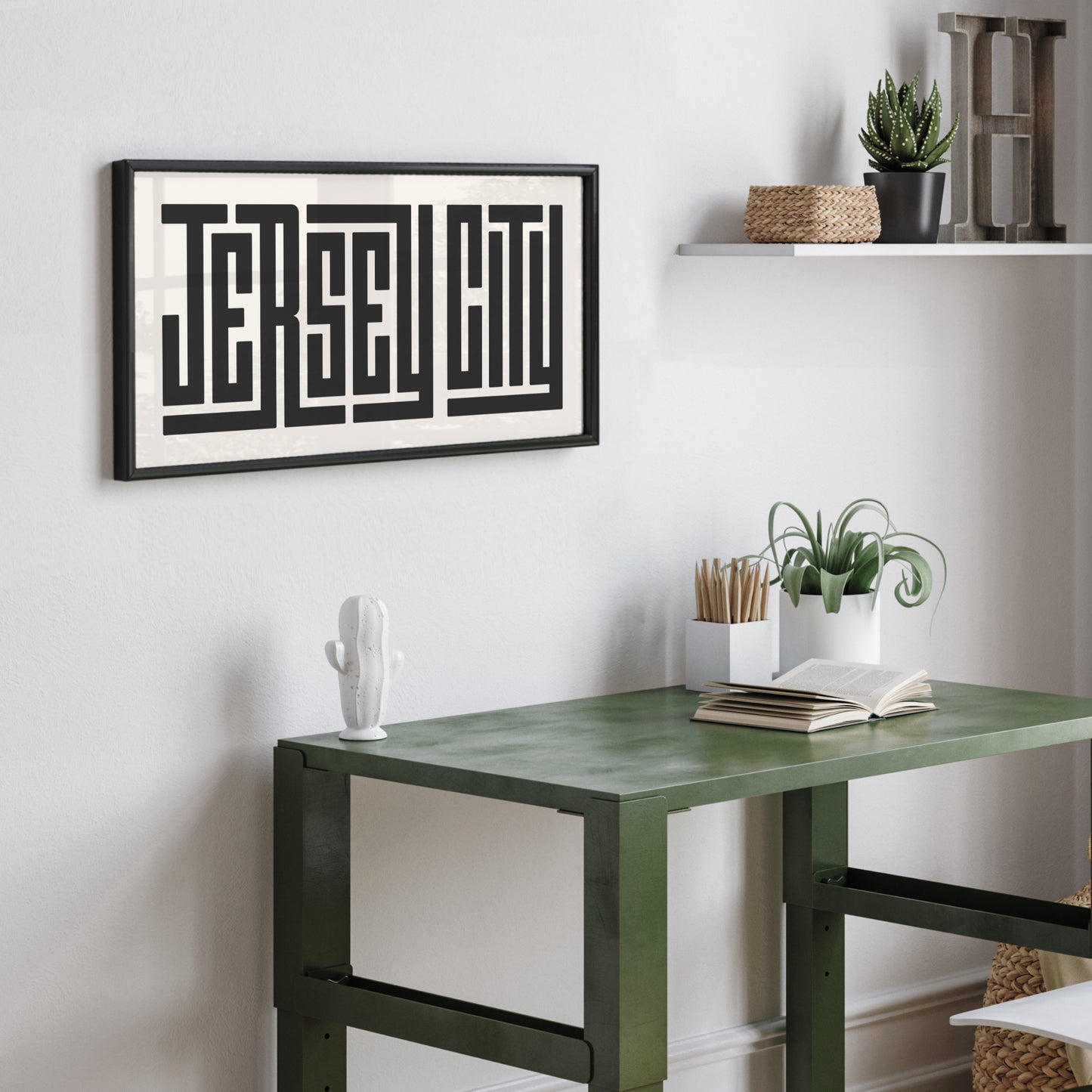 Framed Black Jersey City Art Print in Dorm Room