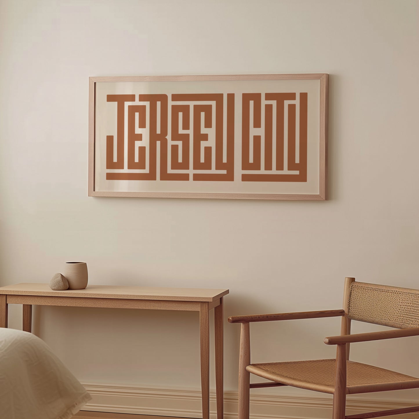 Wood framed minimalist Jersey City Wall Decor in Boho style room wtih neutral colors