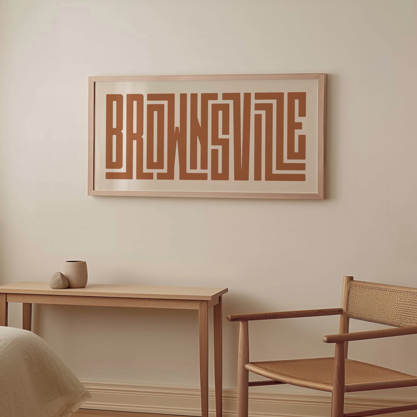 Wood framed minimalist Brownsville Wall Decor in Boho style room wtih neutral colors