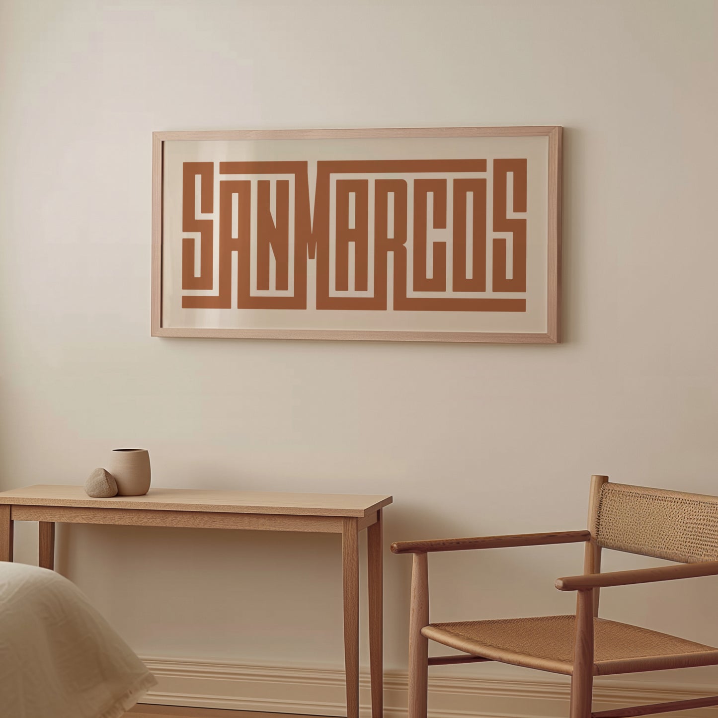 Wood framed minimalist San Marcos Wall Decor in Boho style room wtih neutral colors