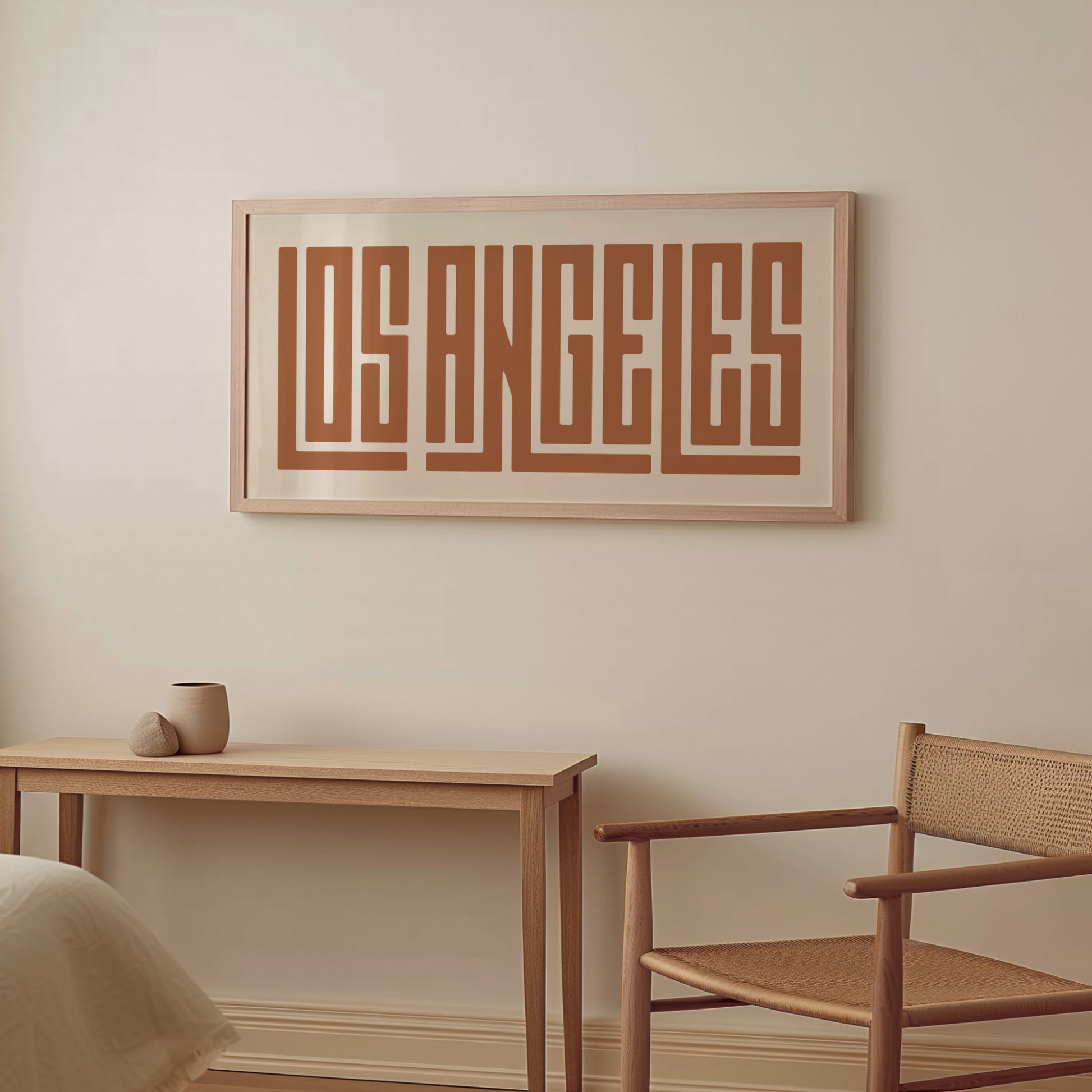 Wood framed minimalist Los Angeles Wall Decor in Boho style room wtih neutral colors