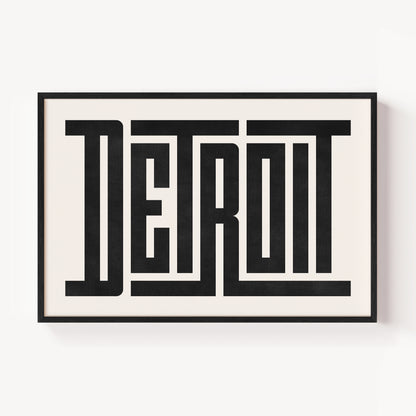 Modern Framed Detroit Art - Black Typography Design on White Background