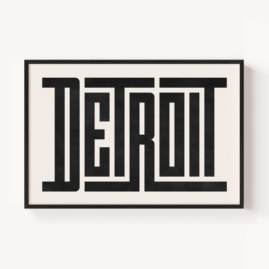 Modern Framed Detroit Art - Black Typography Design on White Background