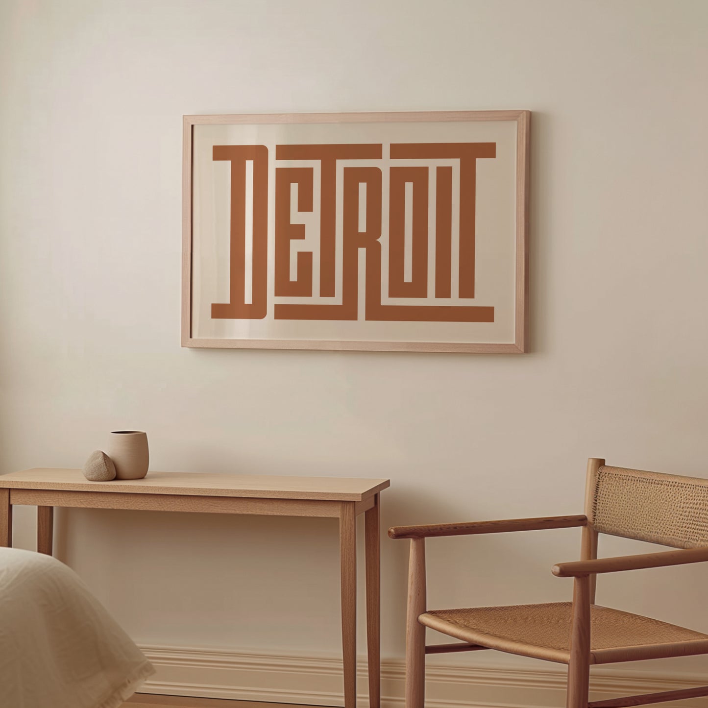 Wood framed minimalist Detroit Wall Decor in Boho style room wtih neutral colors