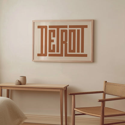 Wood framed minimalist Detroit Wall Decor in Boho style room wtih neutral colors